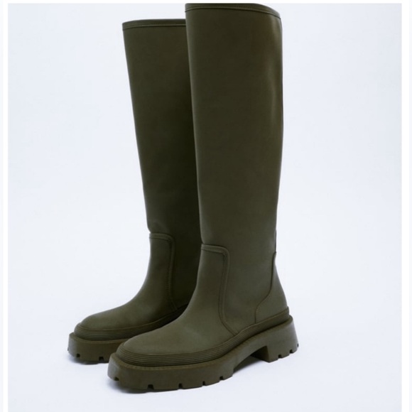 Zara Lug Sole Chunky Rubberized Platform Combat Rain Tall Boot Khaki Green 6 New - Picture 2 of 15